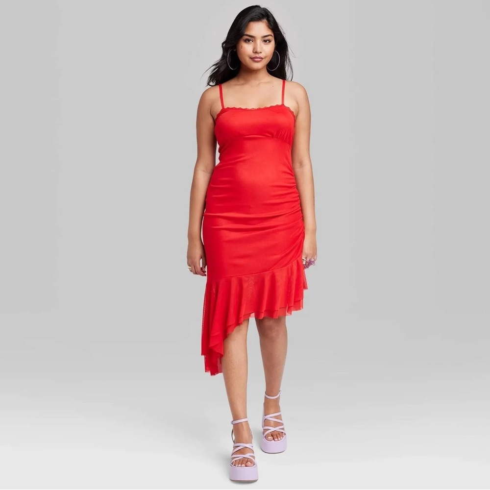 WILD FABLE Mesh Tulle Sleeveless Midi Dress Size Small Ruched Red NEW